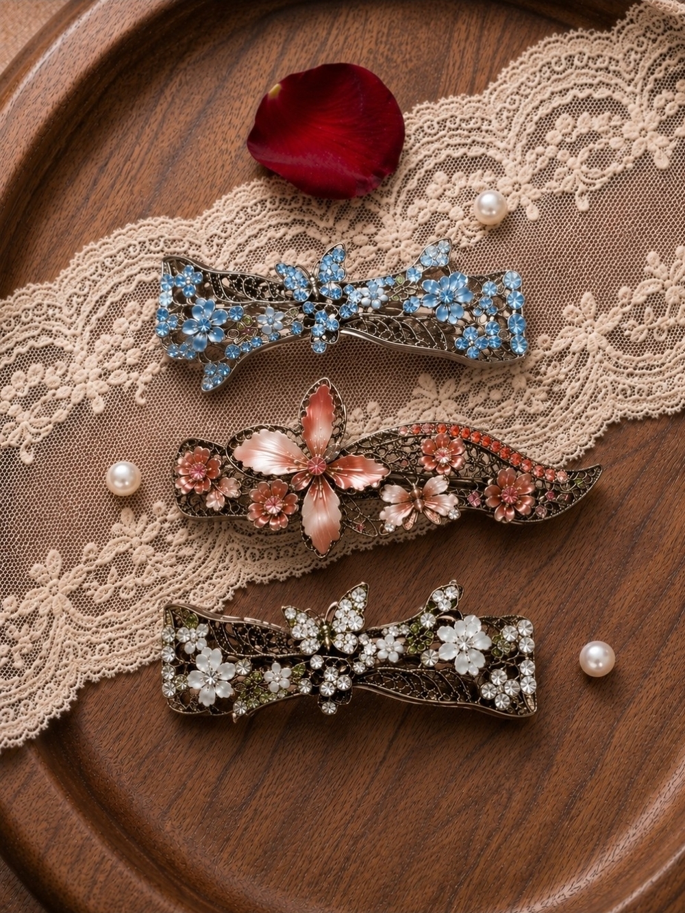 Vintage-Inspired Floral Crystal Barrette - Blue, Pink & White